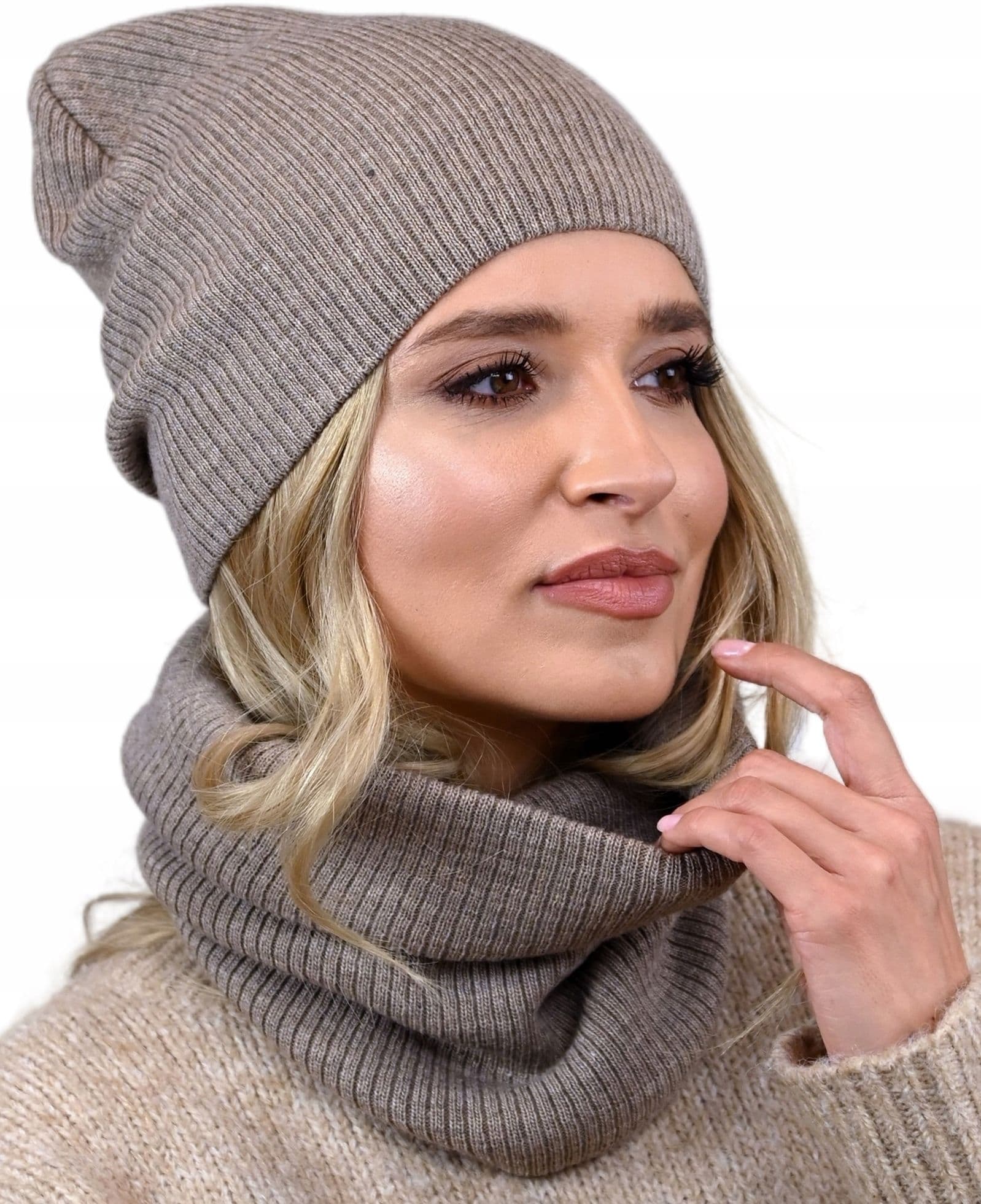 Zestaw CZAPKA Z KOMINEM damski KOMPLET szalik tuba na prezent jakość Latte