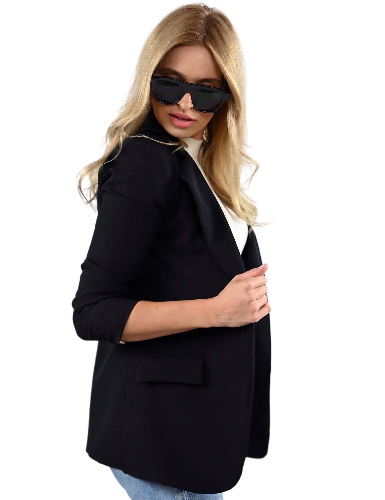 Czarna MARYNARKA damsk Żakiet kobiecy Elegancki dłuższy luźny styl 6XL/52