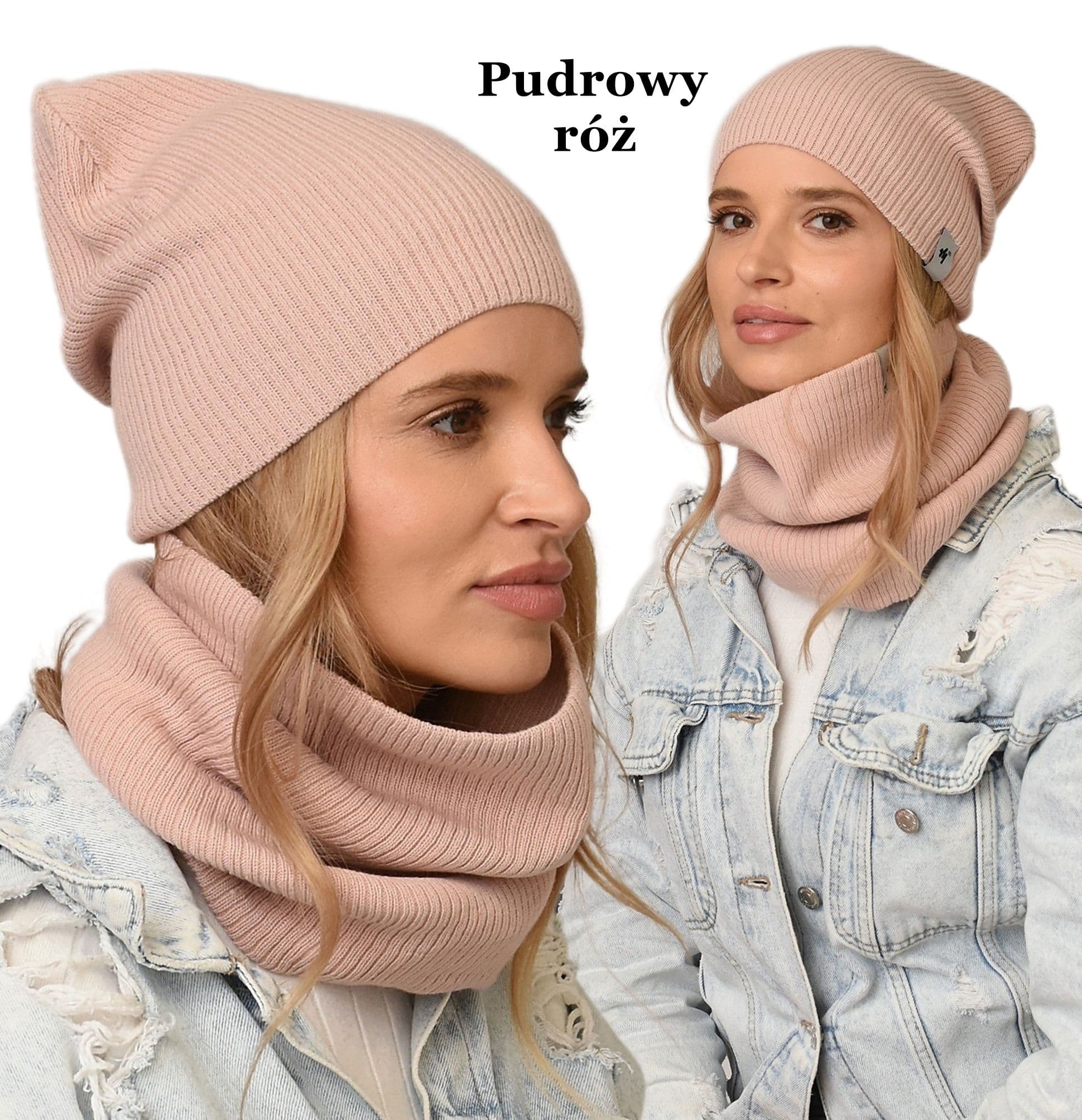 CZAPKA z KOMINEM komplet Damski + szalik polski producent prążki Różowy