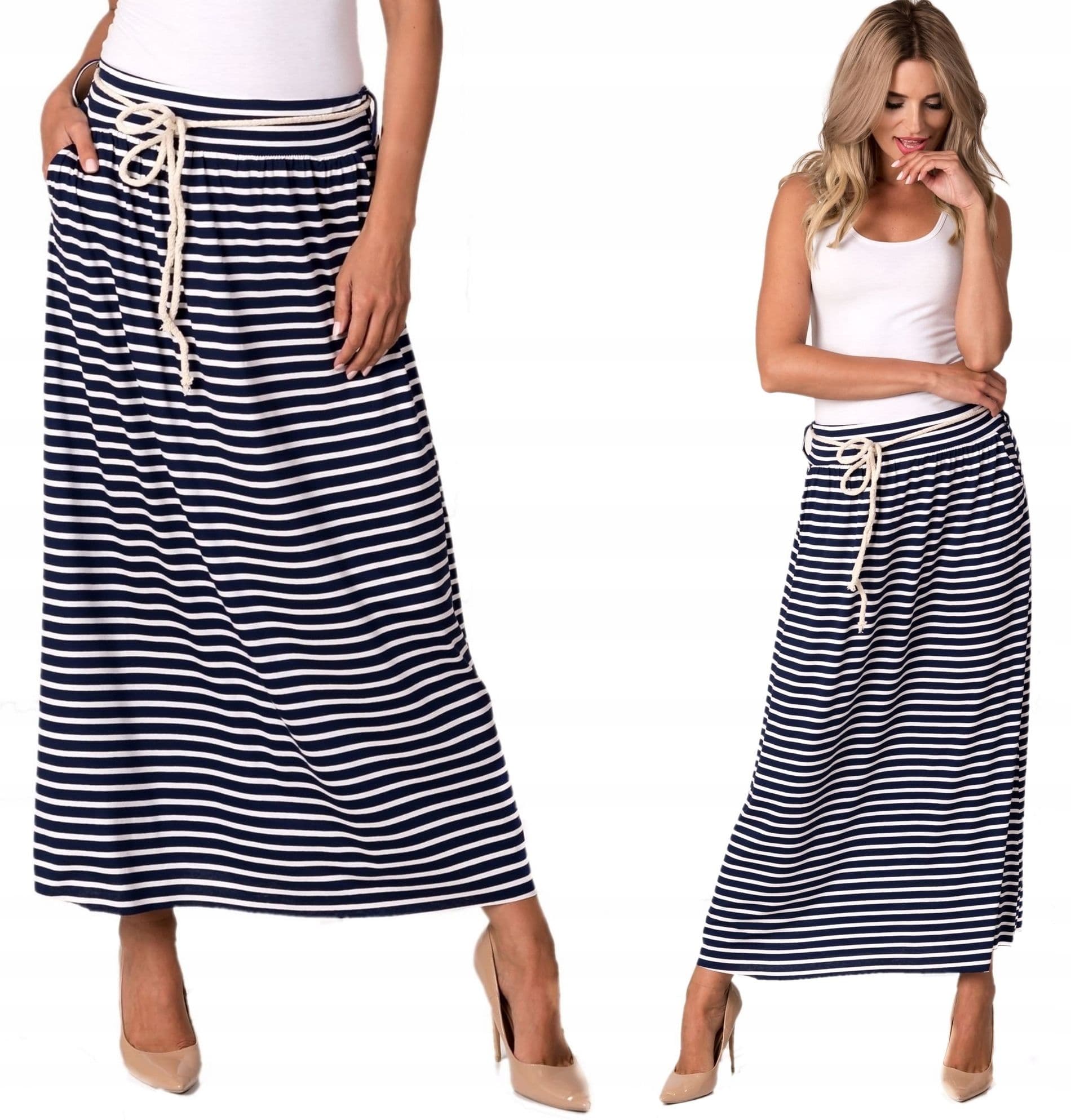 Letnia damska zwiewna DŁUGA spódnica PASKI ze sznurkiem pasek KOLORY